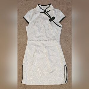White & Black Floral Qipao Mini Dress